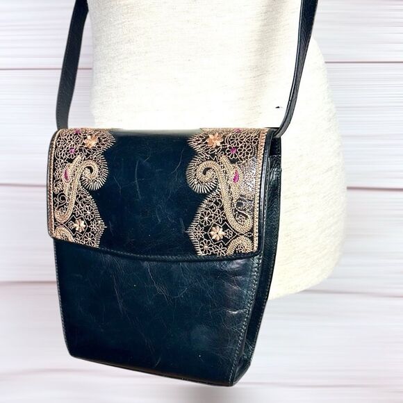 Oscar De La Renta Studio Black Leather Crossbody Shoulder Bag Purse Embroidered - Picture 2 of 16